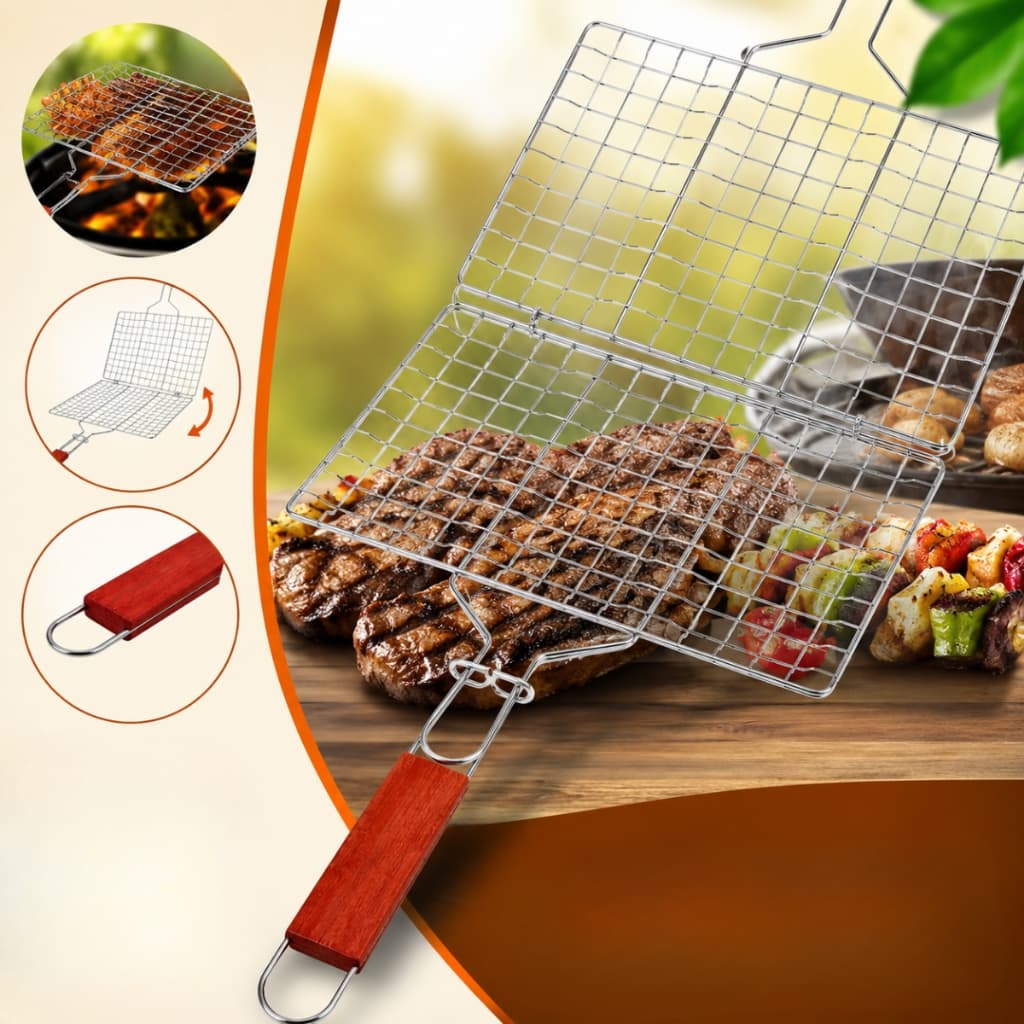 Grelha Churrasco Dupla Aço Inox Com Cabo Madeira Para Carnes Linguiça Frango Peixe Resistente
