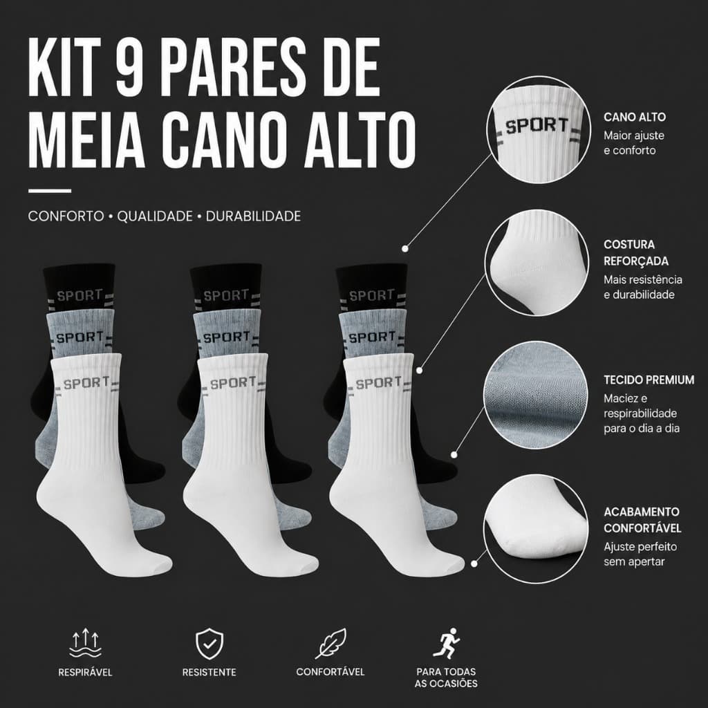 Kit 9 Pares de Meia Cano Alto Longo Médio Sport Original