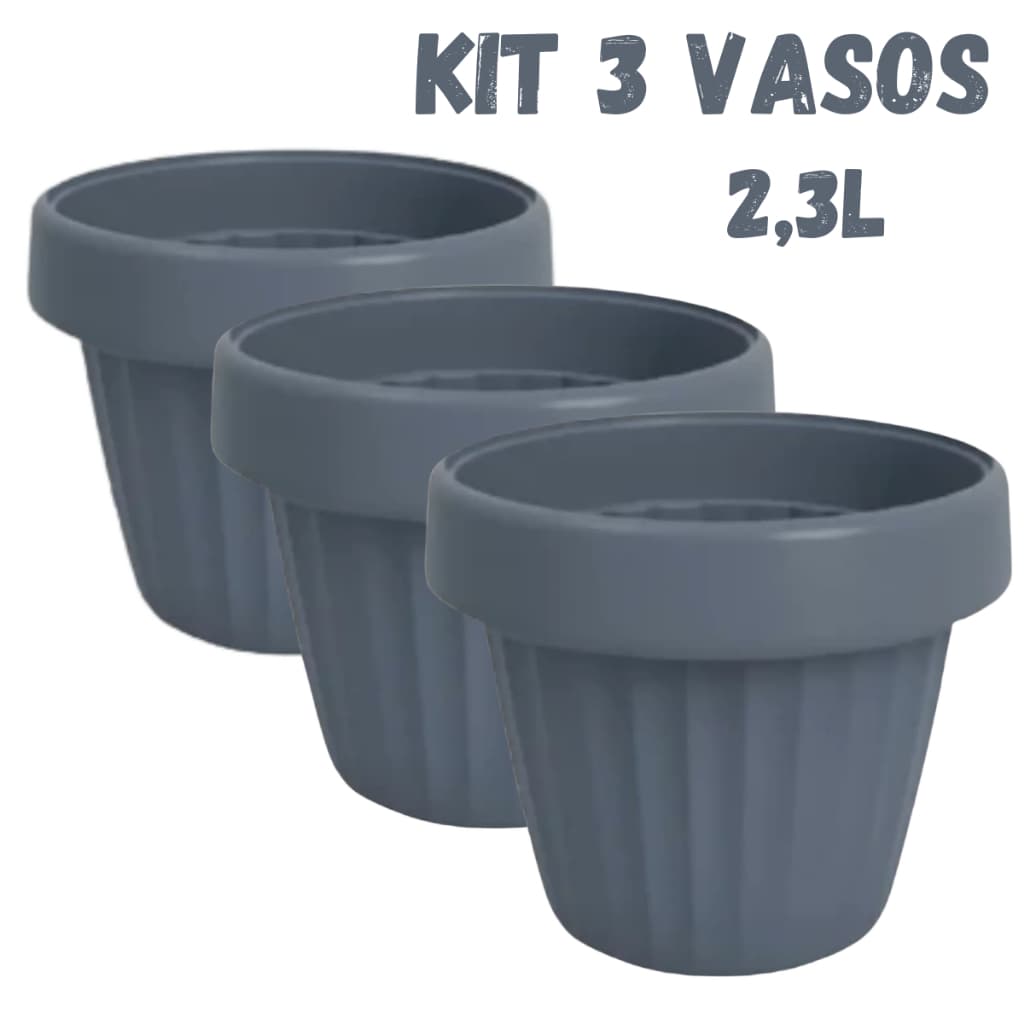 Kit 3 Vasos De Flor Planta Redondo C/ Prato Embutido Antidengue 2,3l Plástico