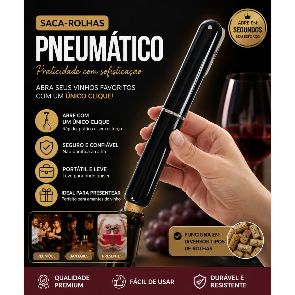 Saca Rolhas Pneumatico Automático Abertura Rapida Facil Uso Resistente
