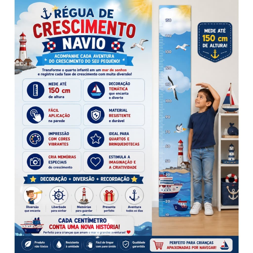 Adesivo Parede Colante Regua de Crescimento Medir Altura Navio Mar Oceano Infantil Desenho Colorido
