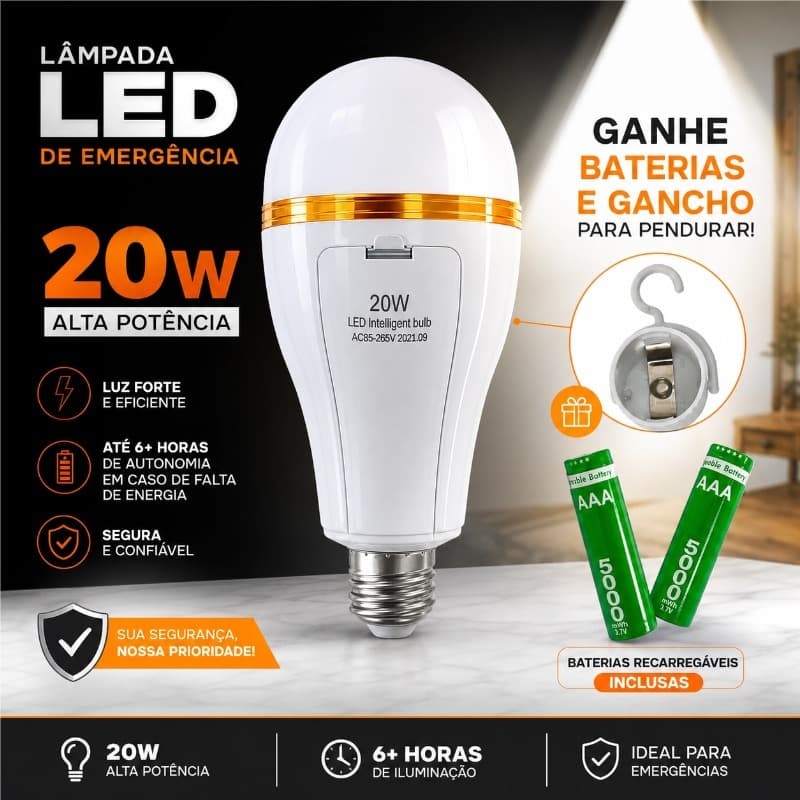 【✨Envio 24H】Lâmpada de Emergência LED 20W Bivolt Potente Funciona 4h e Liga Sozinha na Falta de Energia-J-20W