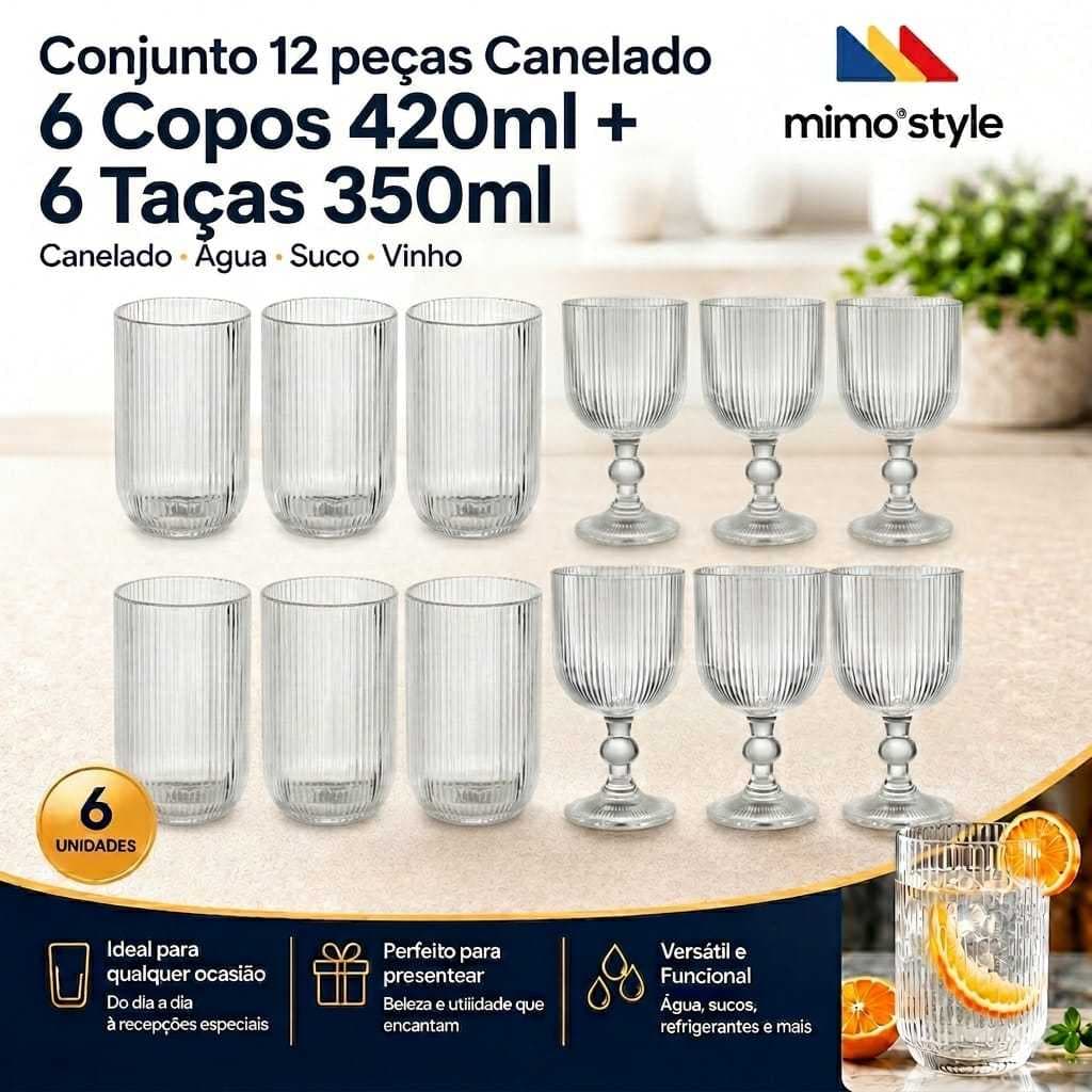 Conjunto 12 peças Canelado Copo 420ml Vidro + Taça 350ml Vidro Sleek Água Suco Vinho Mimo Style