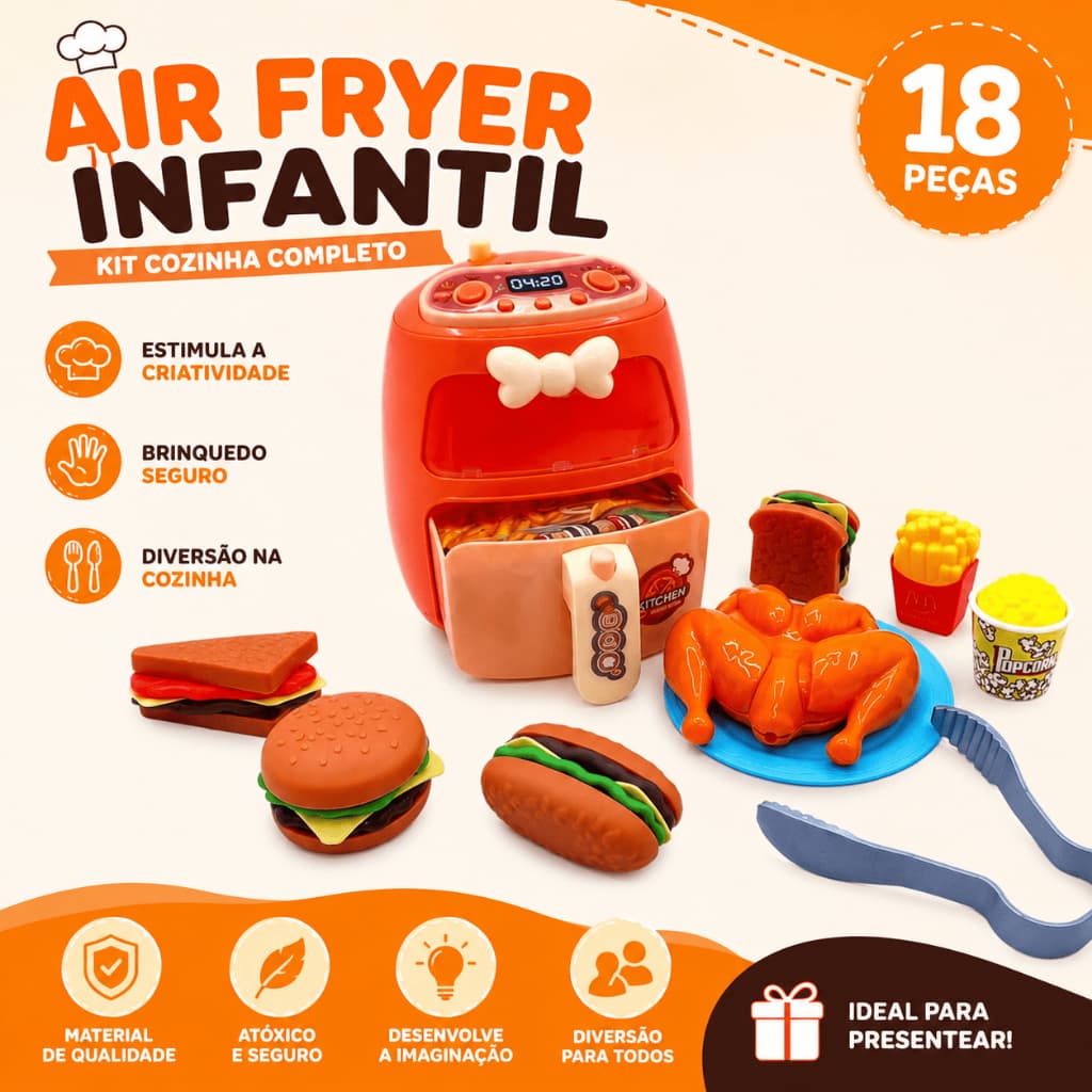 Conjunto Mini Air Fryer Infantil com Luzes Acessorios Cozinha Brinquedo