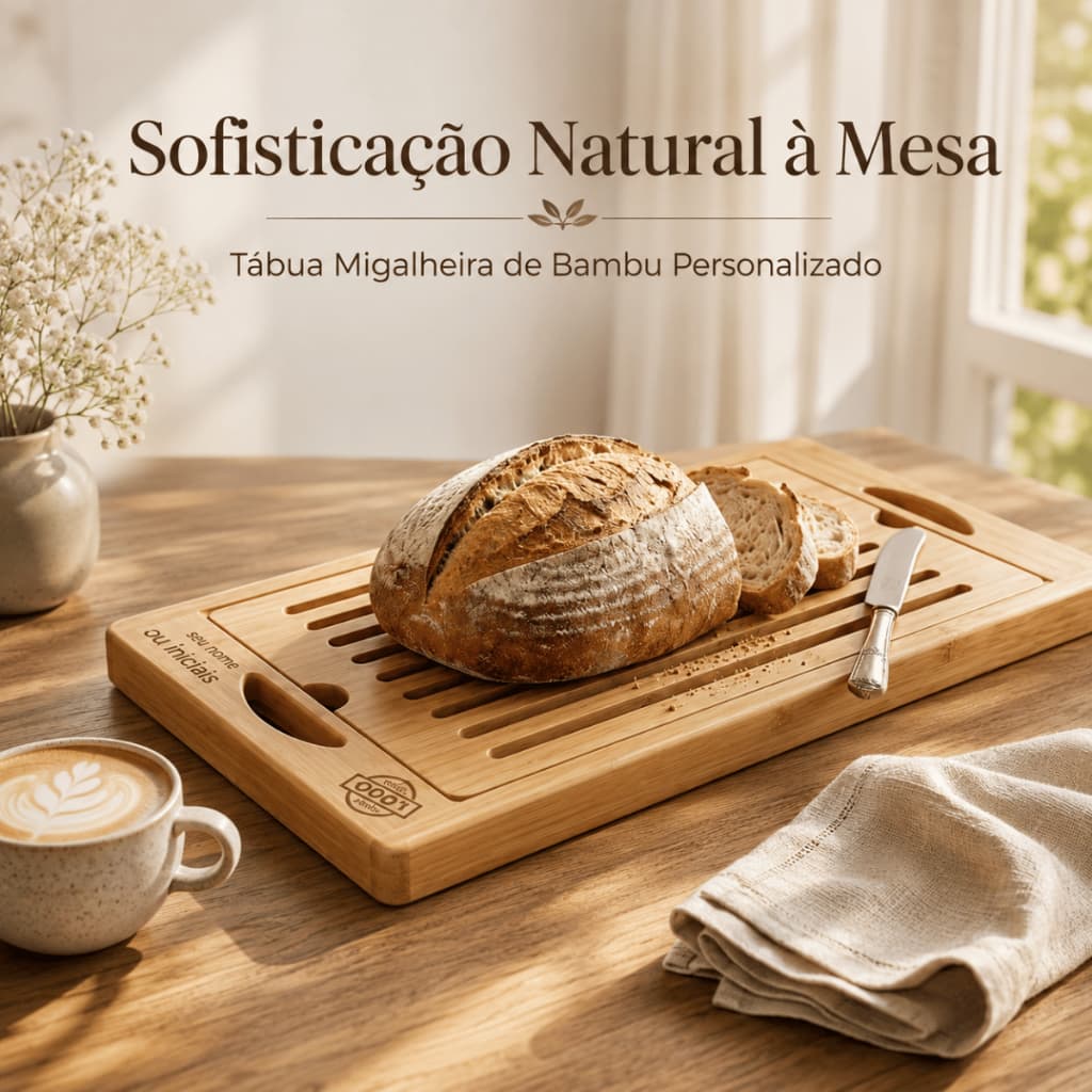 Tábua De Corte Migalheira Personalizada Em Bambu Multiuso 36x22cm Bandeja Para Pães