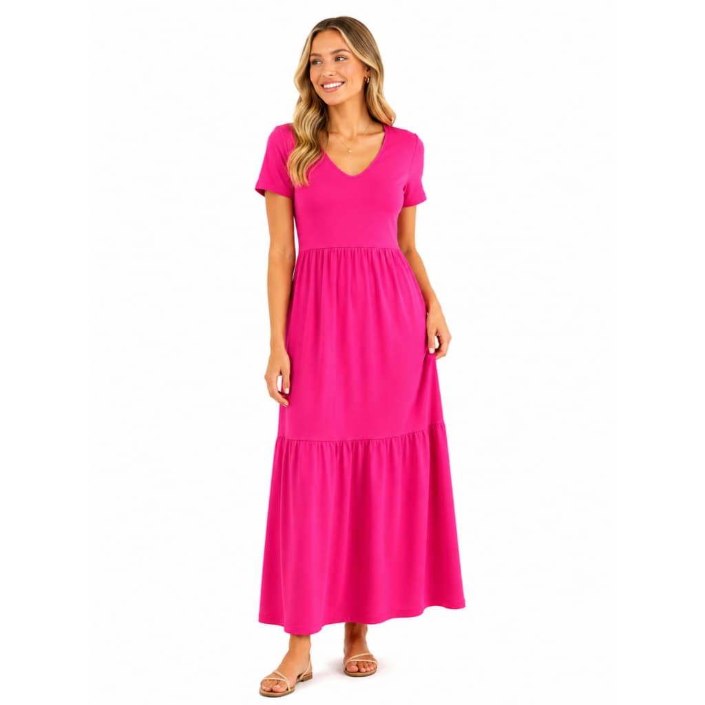 Vestido Adulto Feminino Longo Decote V Manga Curta Babado na Saia