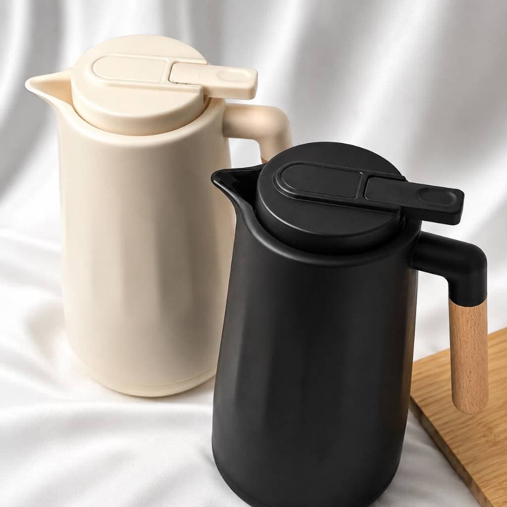 Garrafa de café térmica 1 litro café chá com cabo de madeira com botão de acionamento