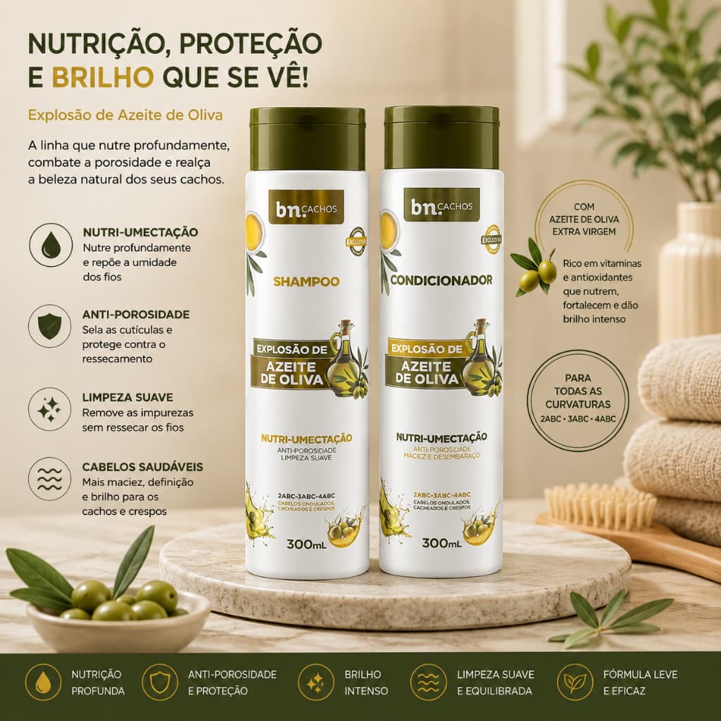 Kit Shampoo + Condicionador para Cachos e Crespos Beleza Natural bn.Cachos Explosão de Azeite de Oliva 300ml Nutritivo L