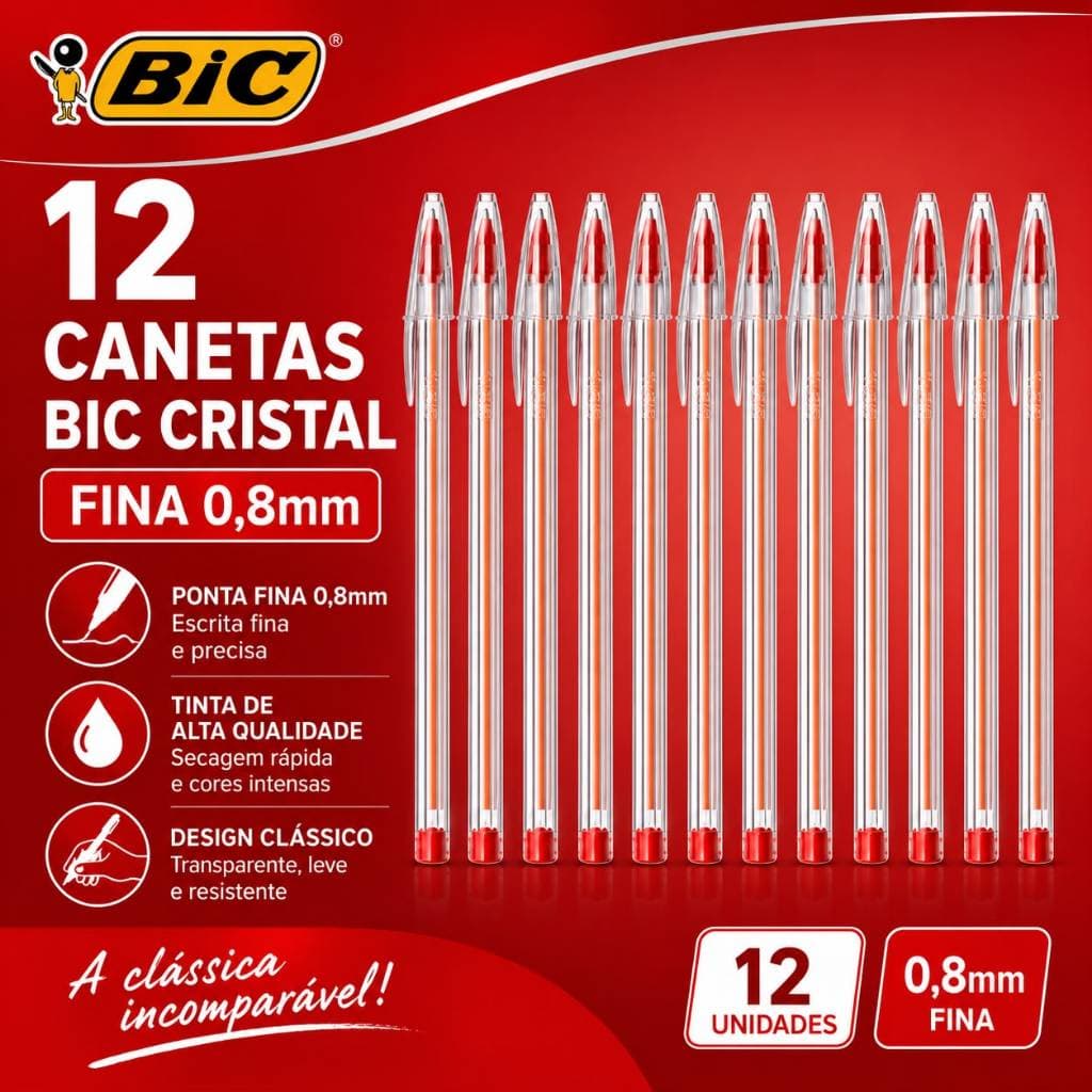 KIT 12 CANETAS BIC CRISTAL PONTA FINA VERMELHA 0,8mm CANETA ESFEROGRAFICA ESCOLAR/ESCRITORIO