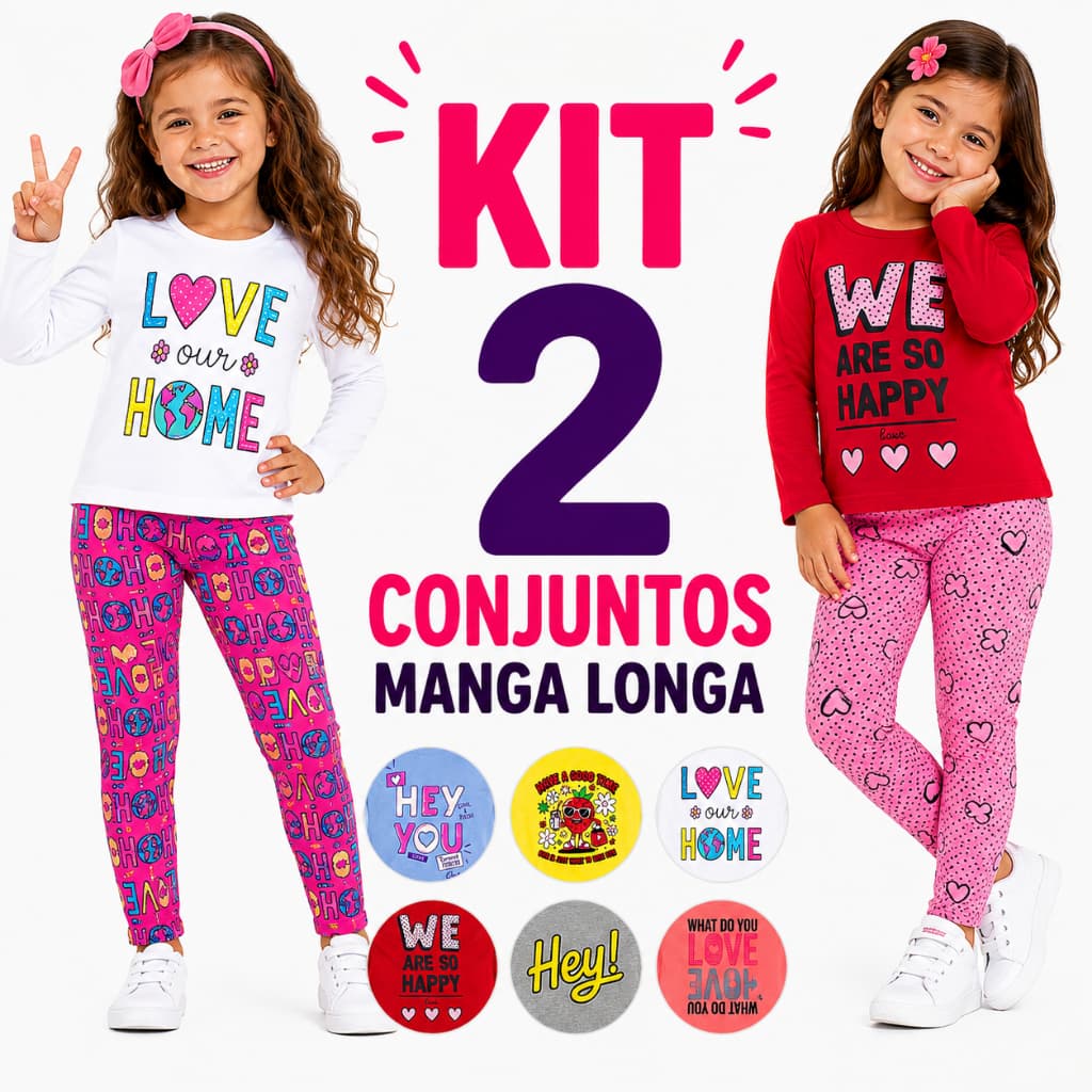 Kit 4 Peças 2 Conjuntos Infantil Feminino Manga Longa Menina Inverno Outono