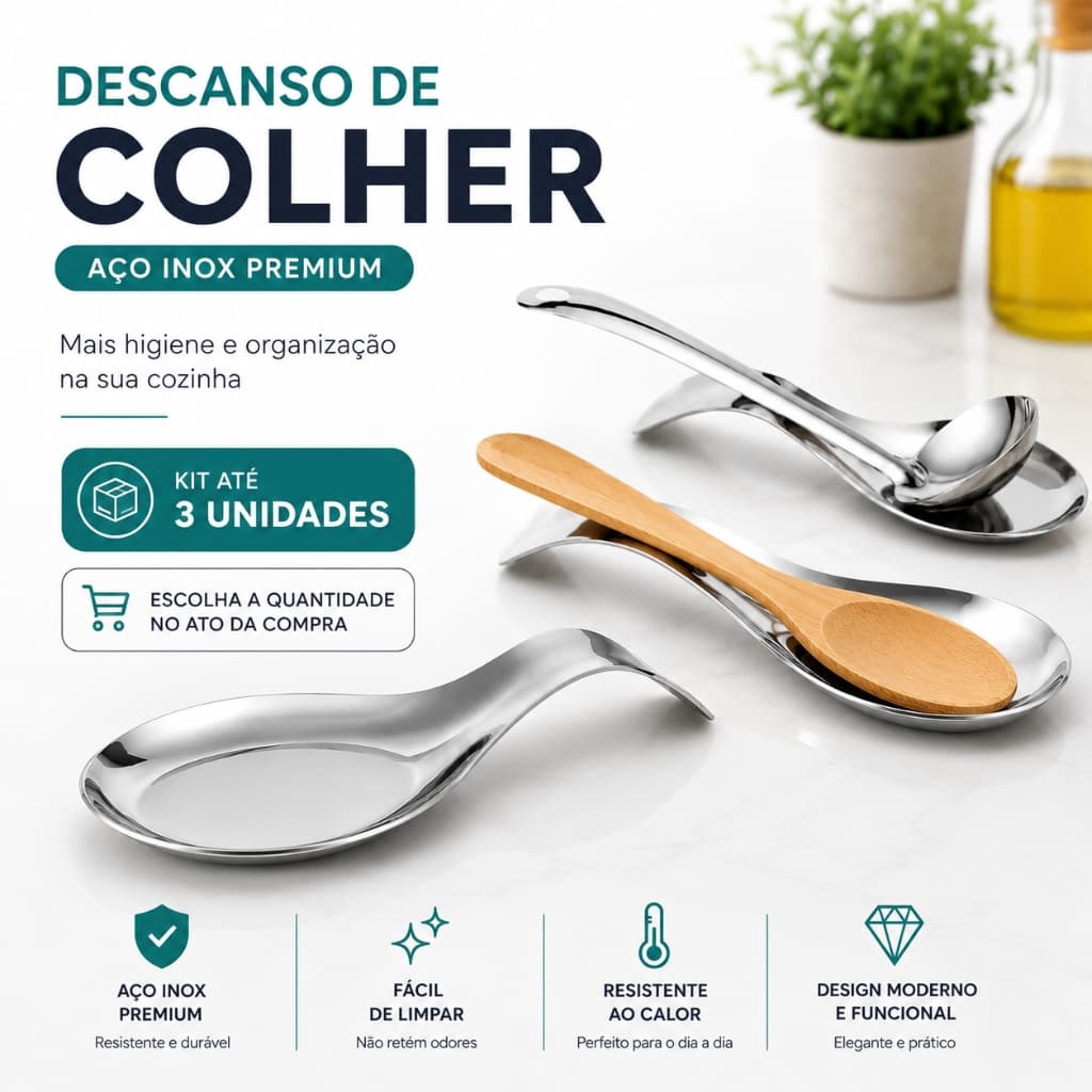 Kit Conjunto 3 Descanso Suporte Apoio Para Colher Talheres Utensílios Bancada Cozinha Pia Em Aço Inox 20,5cm