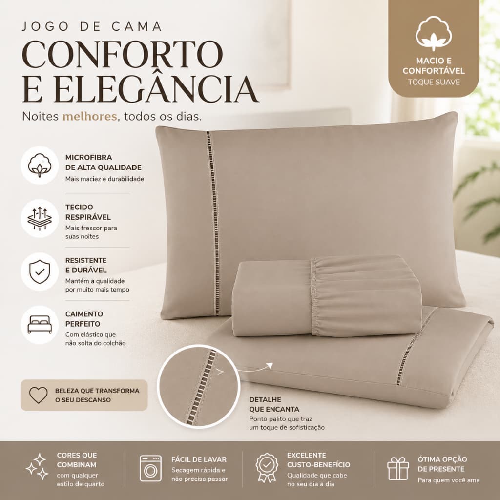 Kit Lençol Casal Queen King e Solteiro Extra Macio 400 Fios Micropercal com Ponto Palito Elegante