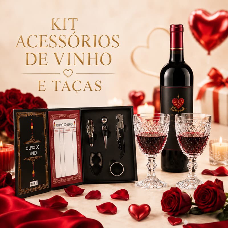Kit Vinho com Saca Rolhas 5 pçs + Taças Luxo - Presente Ideal - Amantes de Vinho - Dia Dos Namorados