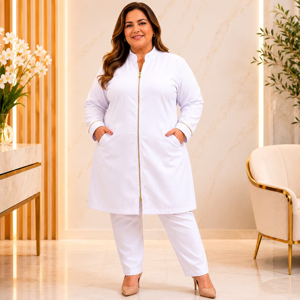 Jaleco Feminino Plus Size Gabardine com Elastano Acinturado Gola Padre Zíper Punho G1 ao G5 Branco
