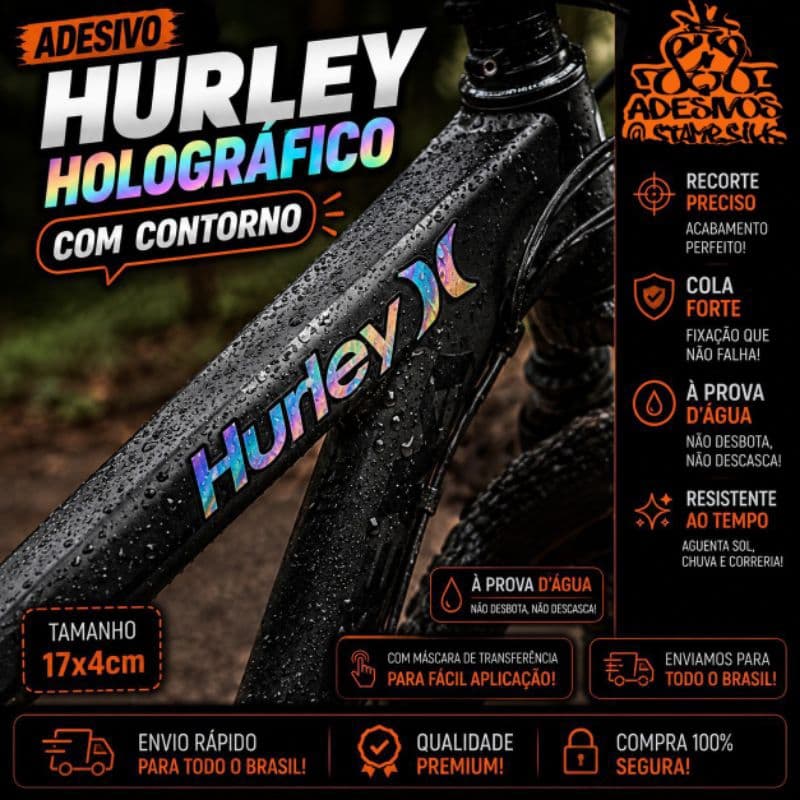 🔥 Adesivo HURLEY )( Vinil À prova d'água 17x4cm HOLOGRÁFICO recorte eletrônico Premium