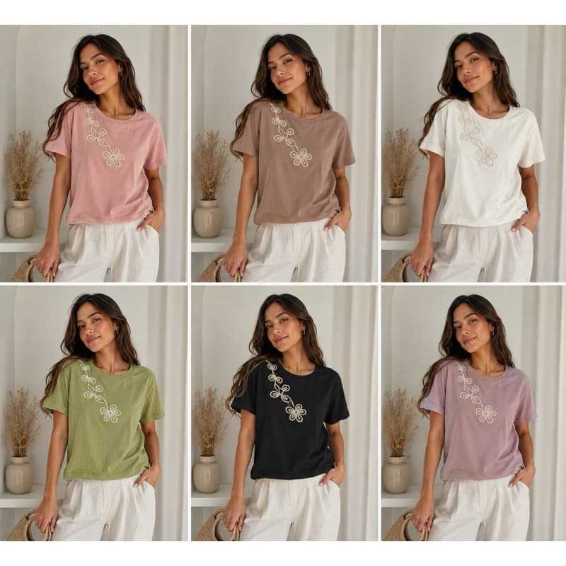 🌸 Blusa Feminina Casual com 4 Flores Bordadas | Gola Careca | Algodão Premium | Tamanho P, M, G e GG | Diversas Cores