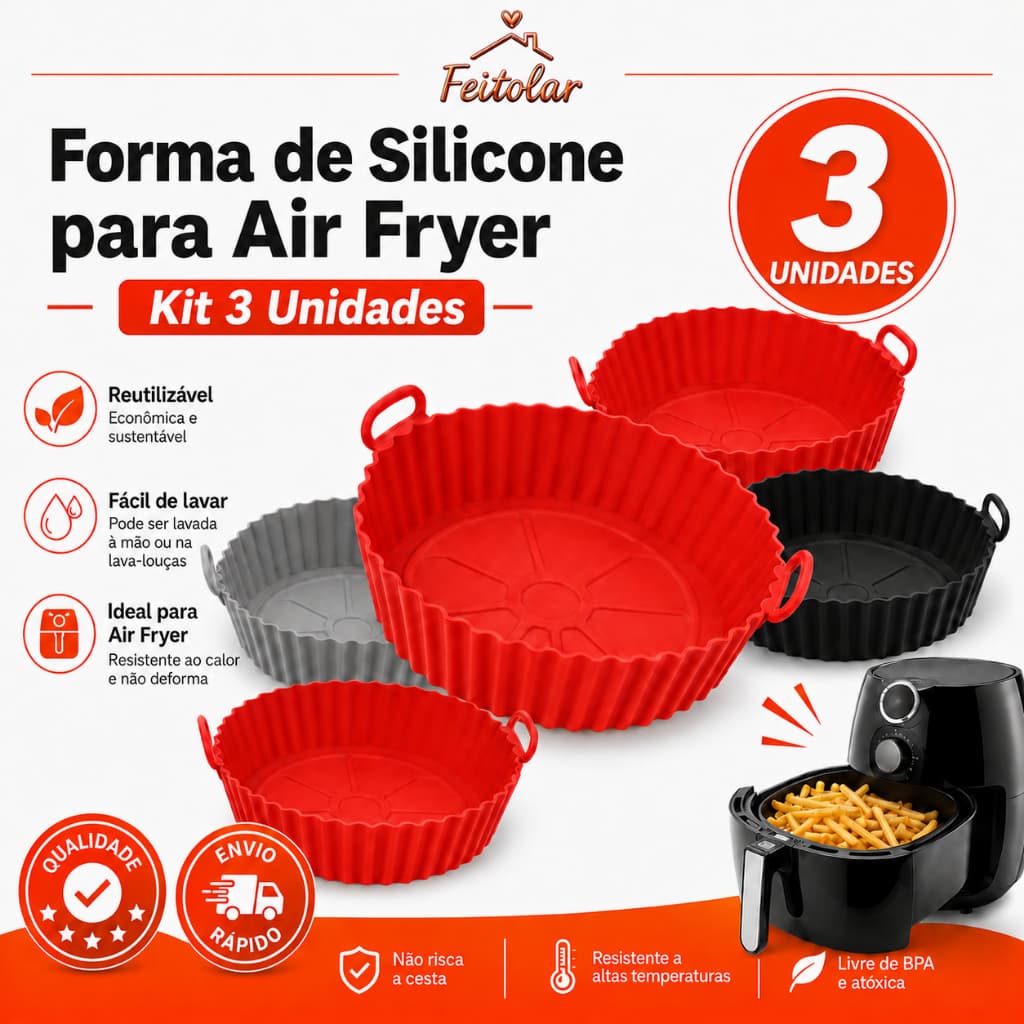Kit 3 Unidades Forma de Silicone com Alça para Airfryer lavável Reutilizável e Sem Sujeiras