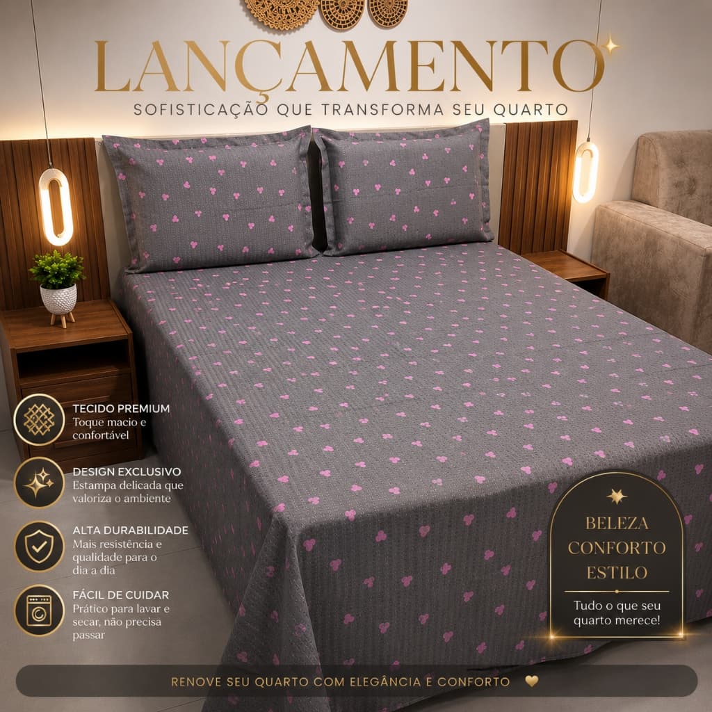 Colcha Piquet Casal 3 Peças 2,20x2,50m Fronhas com Abas Americanas Estampas Borboletas, corações e listra.