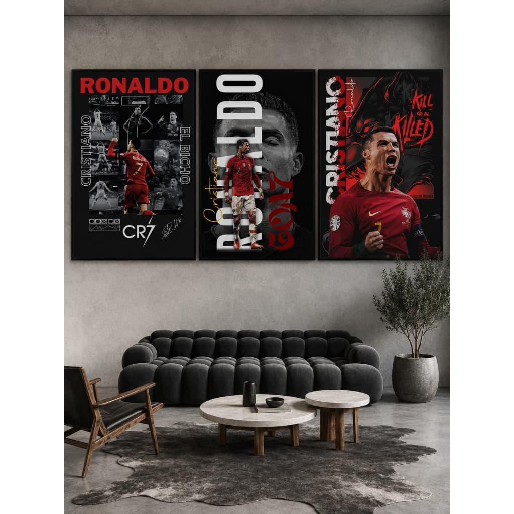 Kit Quadro Decorativo 3 Peças Cristiano Ronaldo CR7 Melhor do Mundo Futebol Jogador Fã Sala Quarto