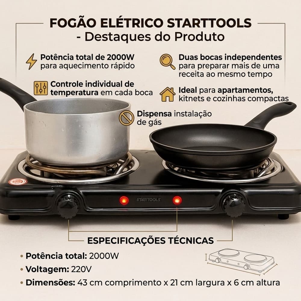 Fogareiro Elétrico Portátil 2 Bocas 220V 2000W Preto Cozinha Compacta e Prática