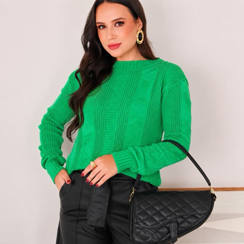 Blusa Feminina de Tricot Manga Longa Lançamento Outono Inverno Blusa de Frio Quentinha Tricô Fang