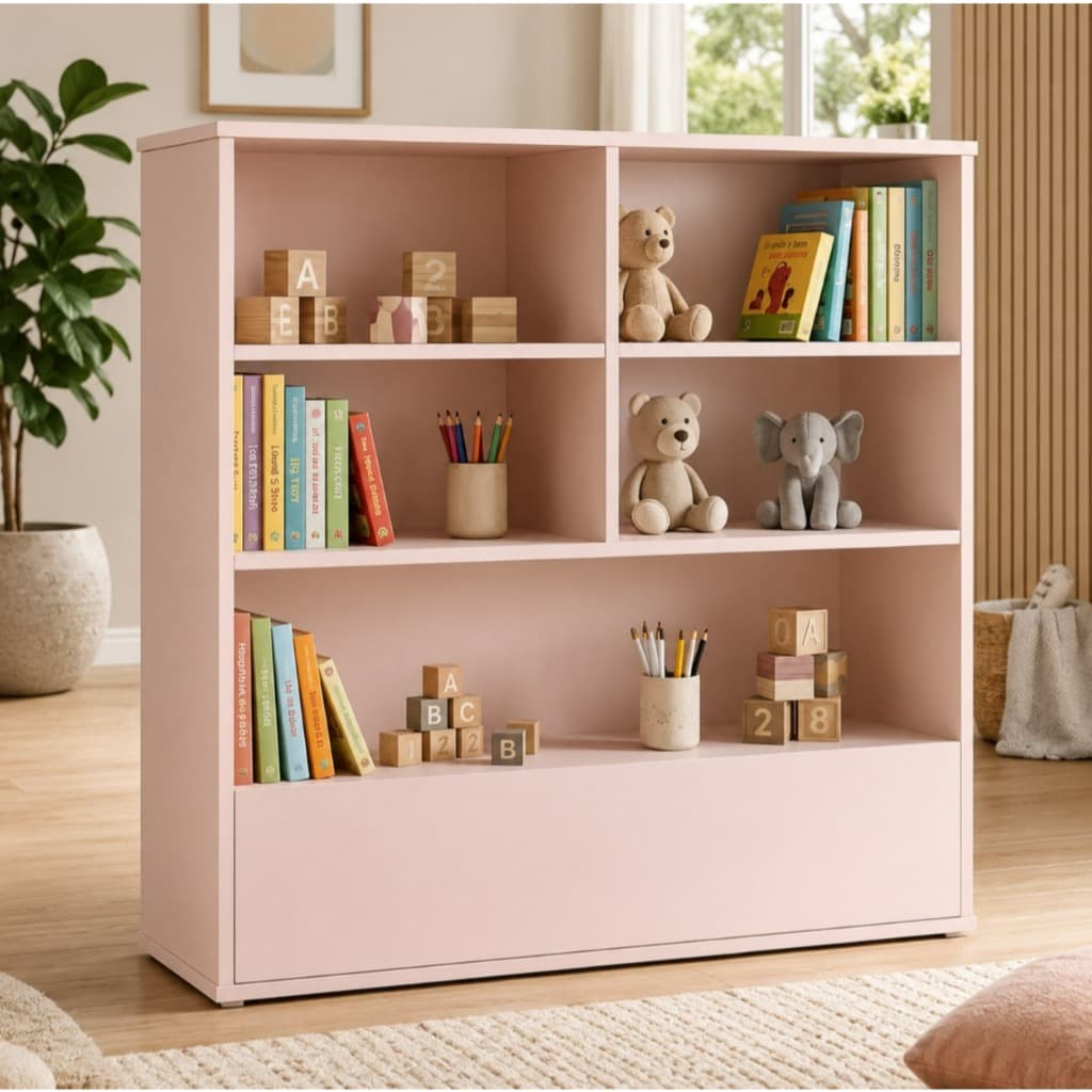 Armário Organizador Infantil Rosa - Prateleira para Livros e Baú de Brinquedos