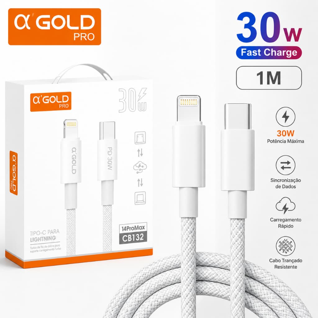 Cabo Tipo C Lightning Turbo 30W Para iPhone A’Gold Original 1 Metro 2 Metros carregamento rápido