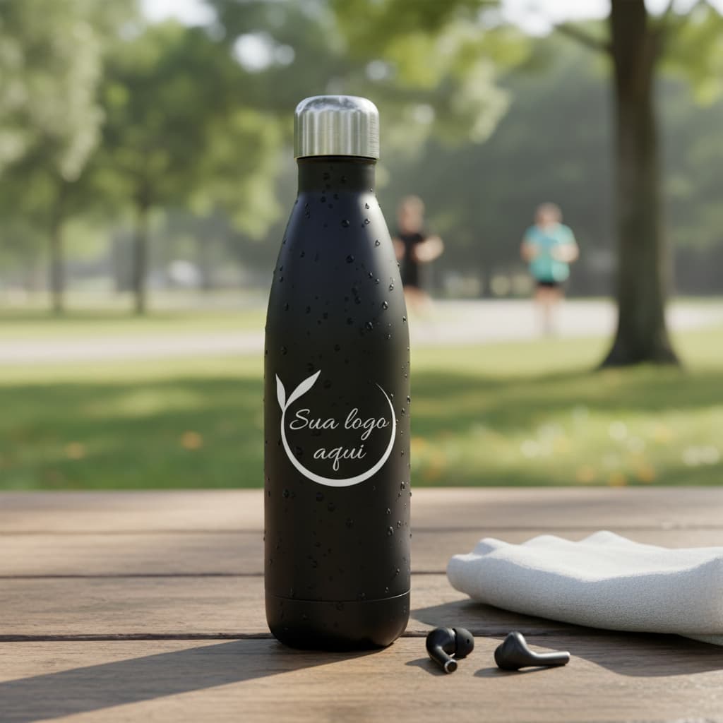 Garrafa térmica inox 500ml preta personalizada logo, nome frase gravação a laser alta qualidade