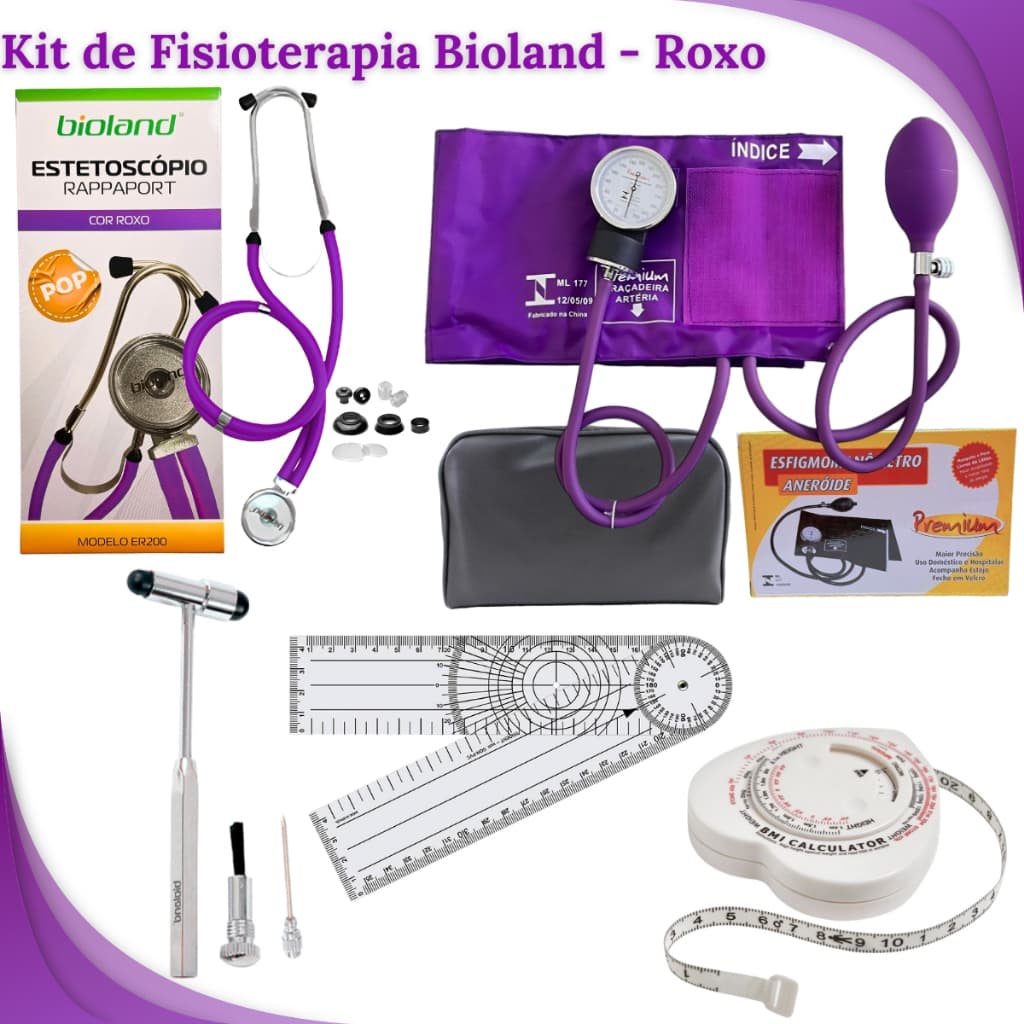 Kit de Fisioterapia Completo com Goniômetro, Fita Métrica de IMC, Martelo de Reflexo, Aparelho de Pressão e Estetoscópio