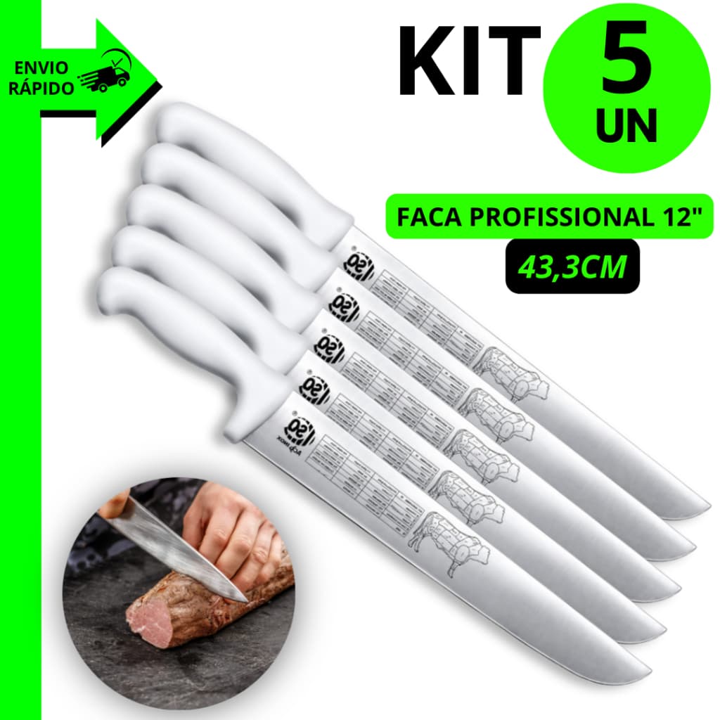 Kit 5/3/2 Unidades Facas Inox Profissional 12 Polegadas Ideal Para Carnes Assados e Churrasco