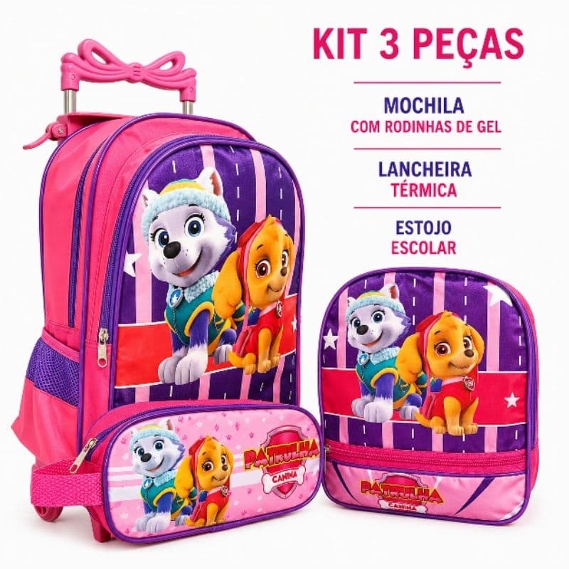 Kit Mochila Escolar Grande 3 Peças Com Rodinha Sky