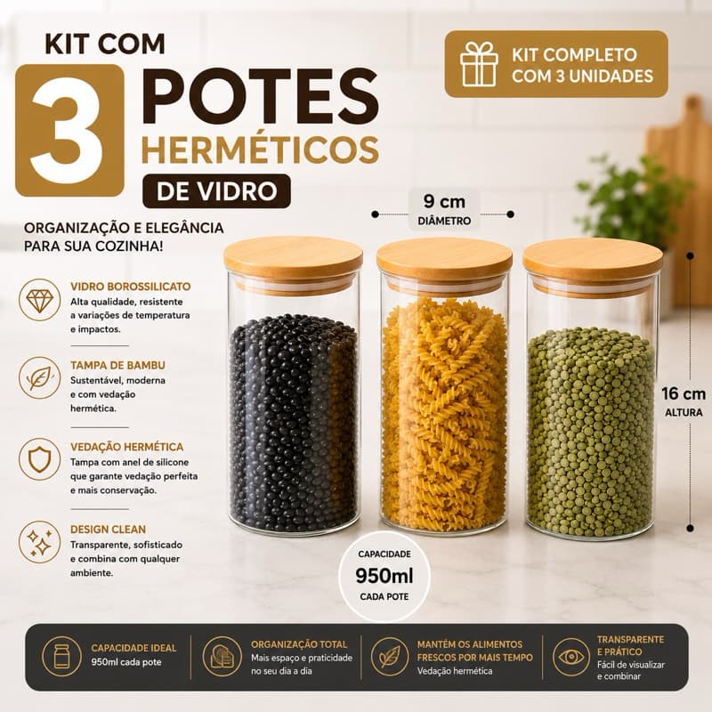 Pote Hermético Mantimento 1 ou Kit 3 Potes Mantimentos Vidro Borossilicato Redondo Com Tampa 950ml