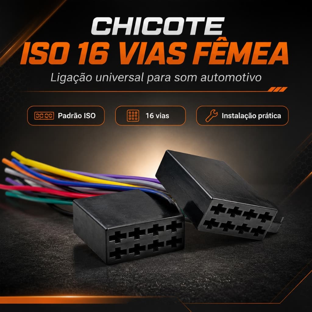 Chicote ISO 16 Vias Fêmea Universal Para Rádio Som Automotivo Multimídia Instalação Adaptador Carro