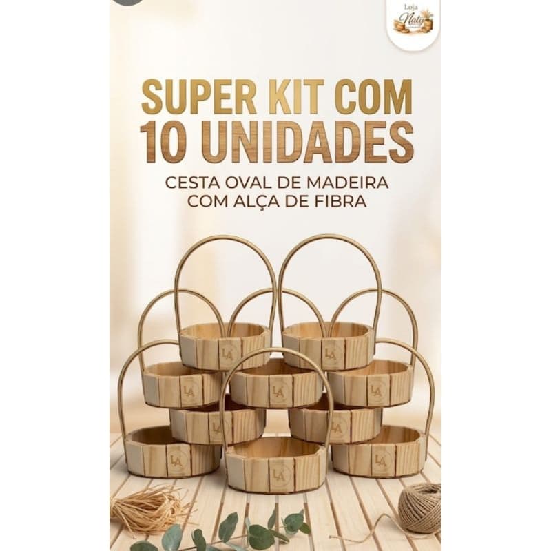 Kit 10 Cesta Oval de Madeira 13cm com Alça para Páscoa Presente Natal Cesta Cosméticos Lembrancinha