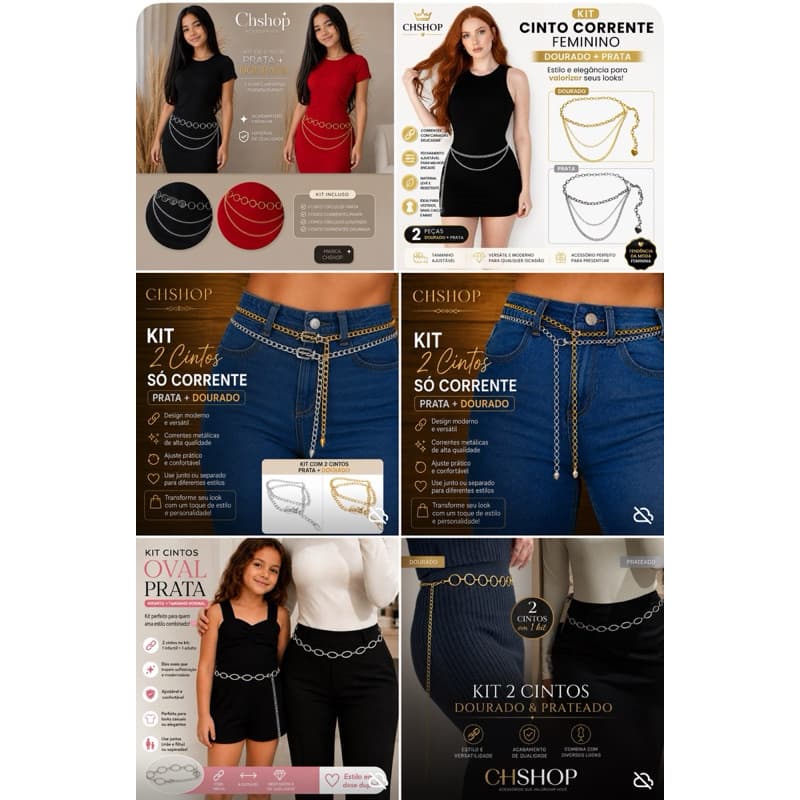 kit 2 Cinto Feminino Corrente Adulto Tamanho Único e Plus Size