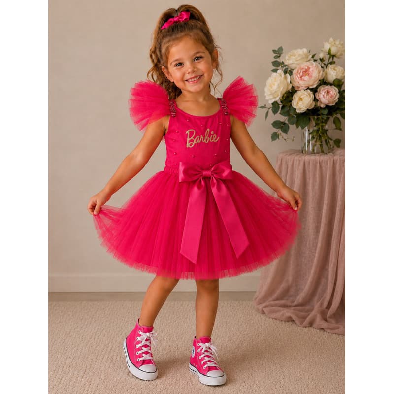 Fantasia Barbie tutu menina tema barbie Polly vestido rosa pink Collant