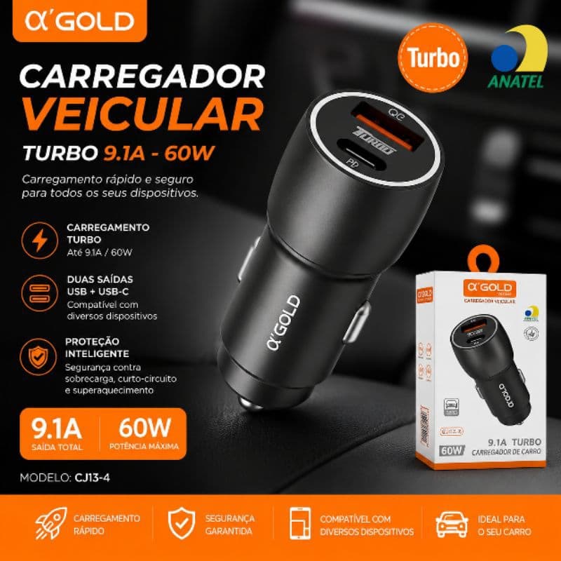 Carregador Veicular Turbo 60W Tipo C USB Rápido Para Celular Automotivo Alfa Gold Original Homologado Anatel