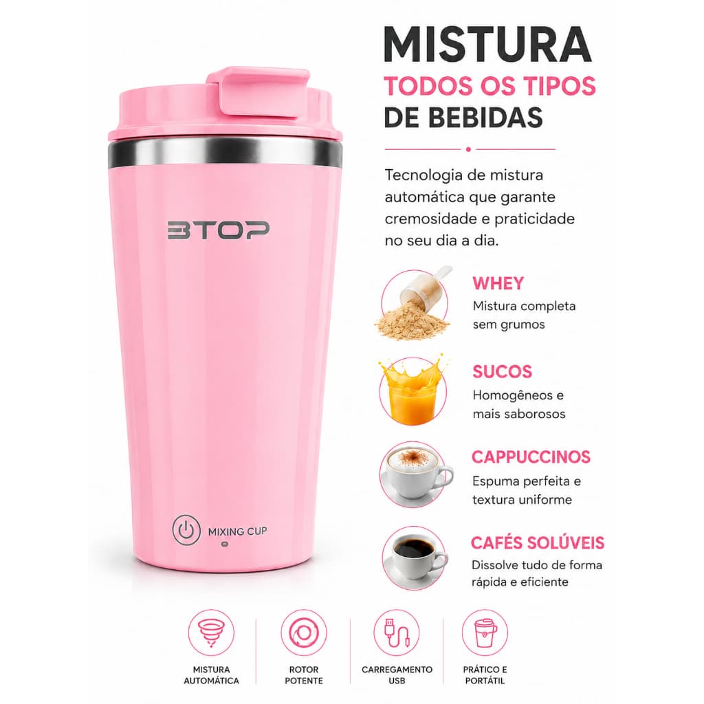 Copo Caneca Mixer Misturador bebida recarregavel 400ml - Coqueteleira Elétrica Automática USB Portátil Whey café Cappuci