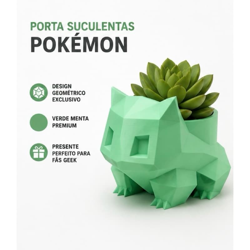Vaso Bulbassauro Geométrico para Suculentas | Cachepô Decorativo Pokémon Verde Menta Impresso em 3D