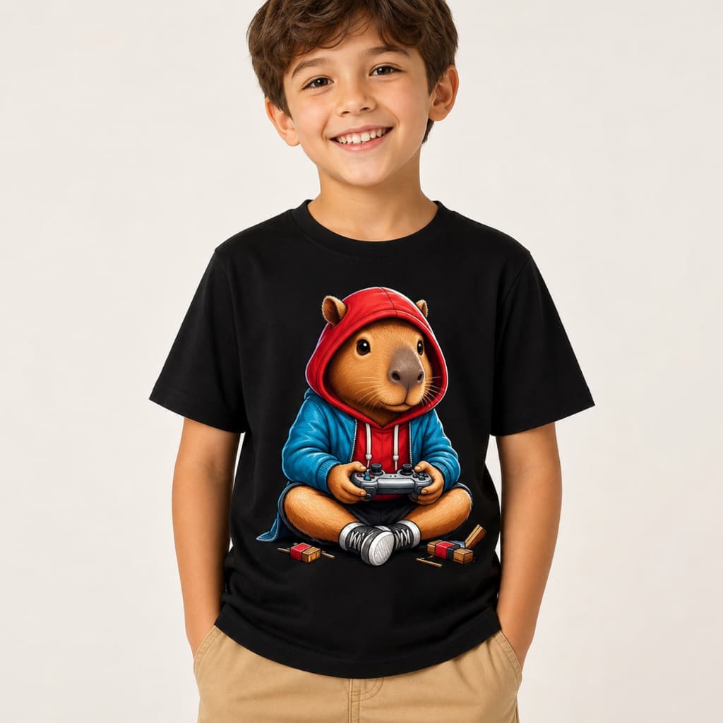 Camiseta Infantil Capivara Gamer Preta Manga Curta Algodão Confortável 100% Algodão