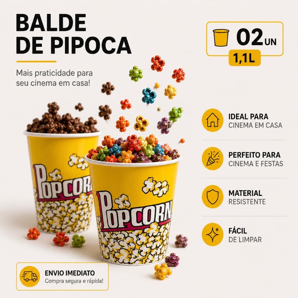Baldes Pipoca Grande Kit 20 Cinema Casa Plástico Resistente Reutilizável Festa Filme