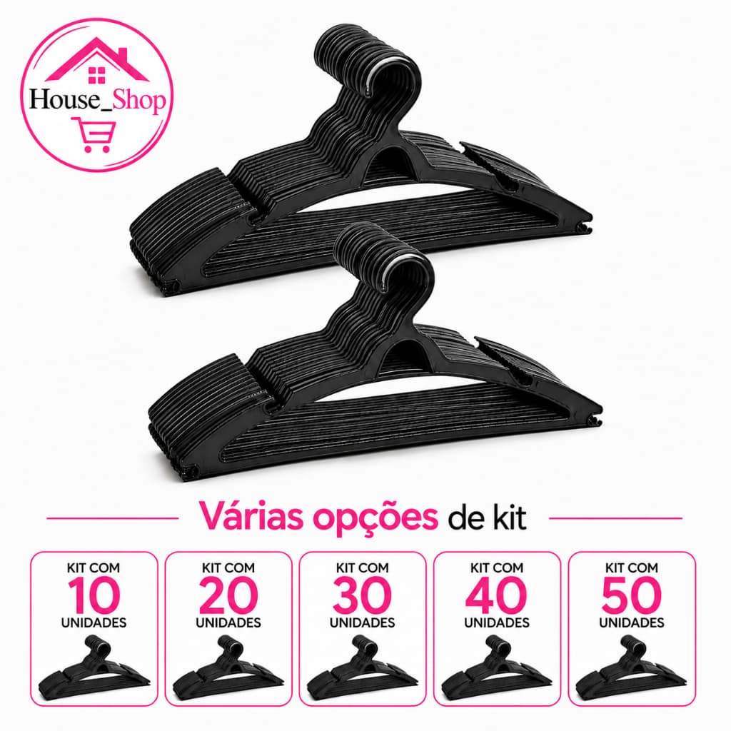 Cabide Adulto Preto Kit 50 Cabides Reforçados Organizar Roupas