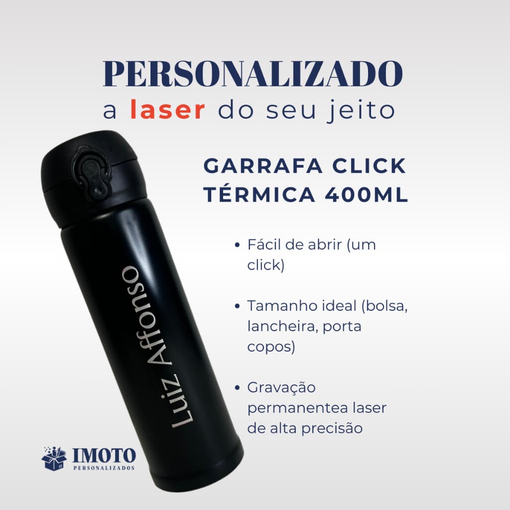 GARRAFA TÉRMICA AGUA PRETO INOX 400ML PERSONALIZADA NOME- E/OU LOGO/DESENHO ACADEMIA PRESENTE ESCOLA