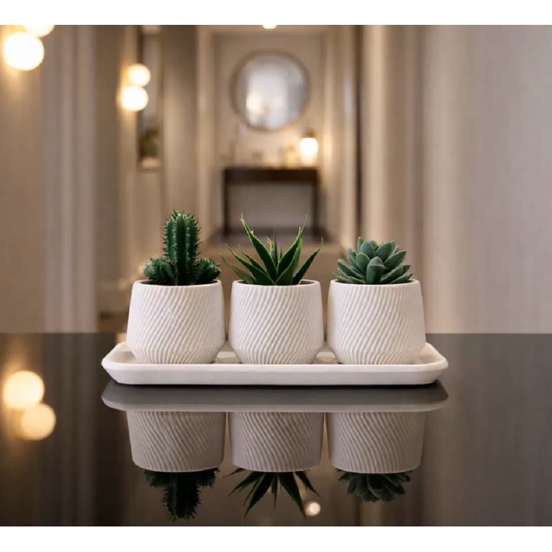Kit 3 Vasos Decorativos para Suculentas | Decoração Moderna | Vasos Minimalistas com Bandeja | Cachepôs Decorativos