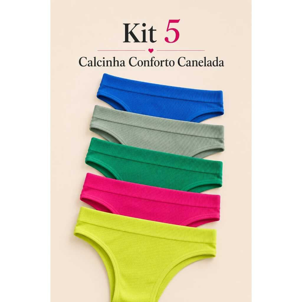 Kit 5 Calcinhas Conforto Canelada Importada Tanga Confortável Cintura Alta Calcinha Poliamida Adulto