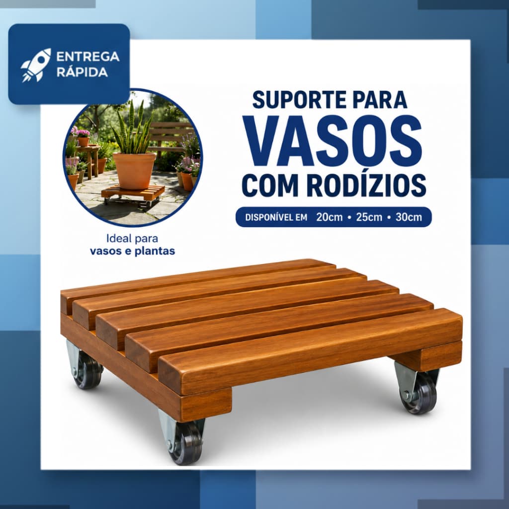 Suporte Quadrado Madeira Com Rodinhas Para Botijão Ou Vaso De Planta  Suporta Até 80 kg