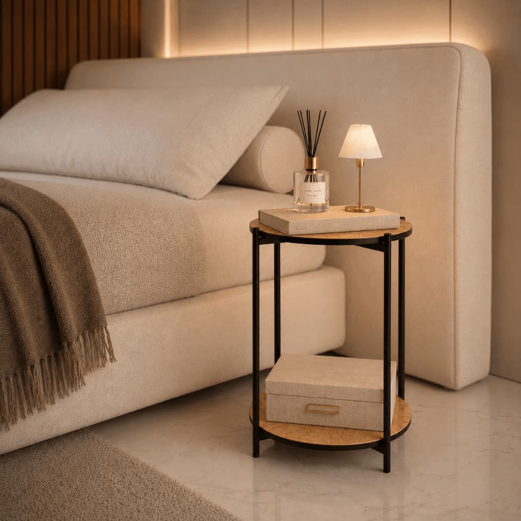 Mesa De Cabeceira Lateral Industrial Redonda Tampo Duplo Mesinha de Apoio Multifuncional Quarto Cama Sala Escritório