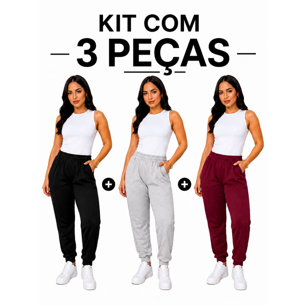 Kit Com 3 Calças De Moletinho Feminina Com Bolsos Laterais E Punho Em Ribana Casual