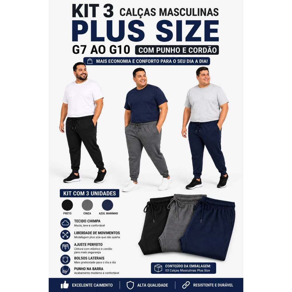 Kit 3 Calças Masculinas Plus Size Com Bolso e Cordão