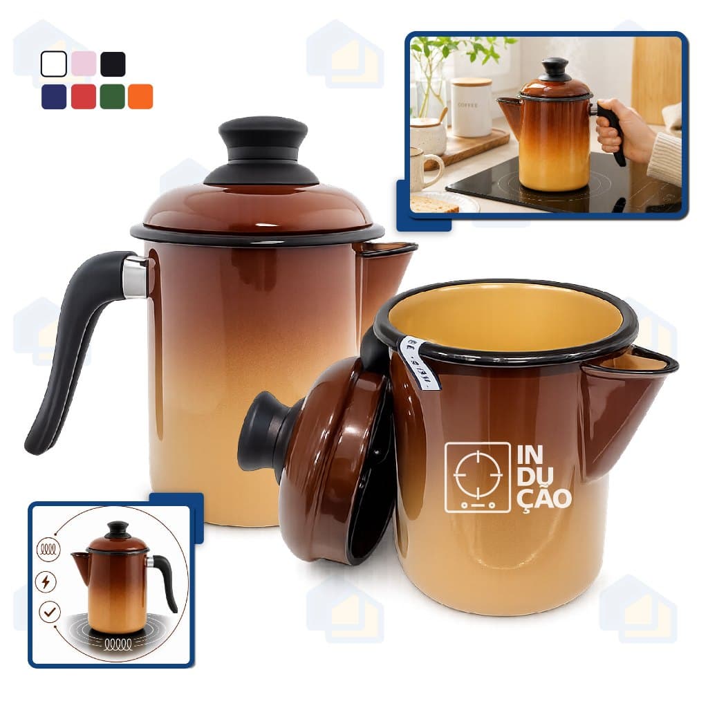 Bule Leiteira Esmaltada 900ML Original Ewel C/ Tampa e Bico Fogão Indução Elétrico Lenha